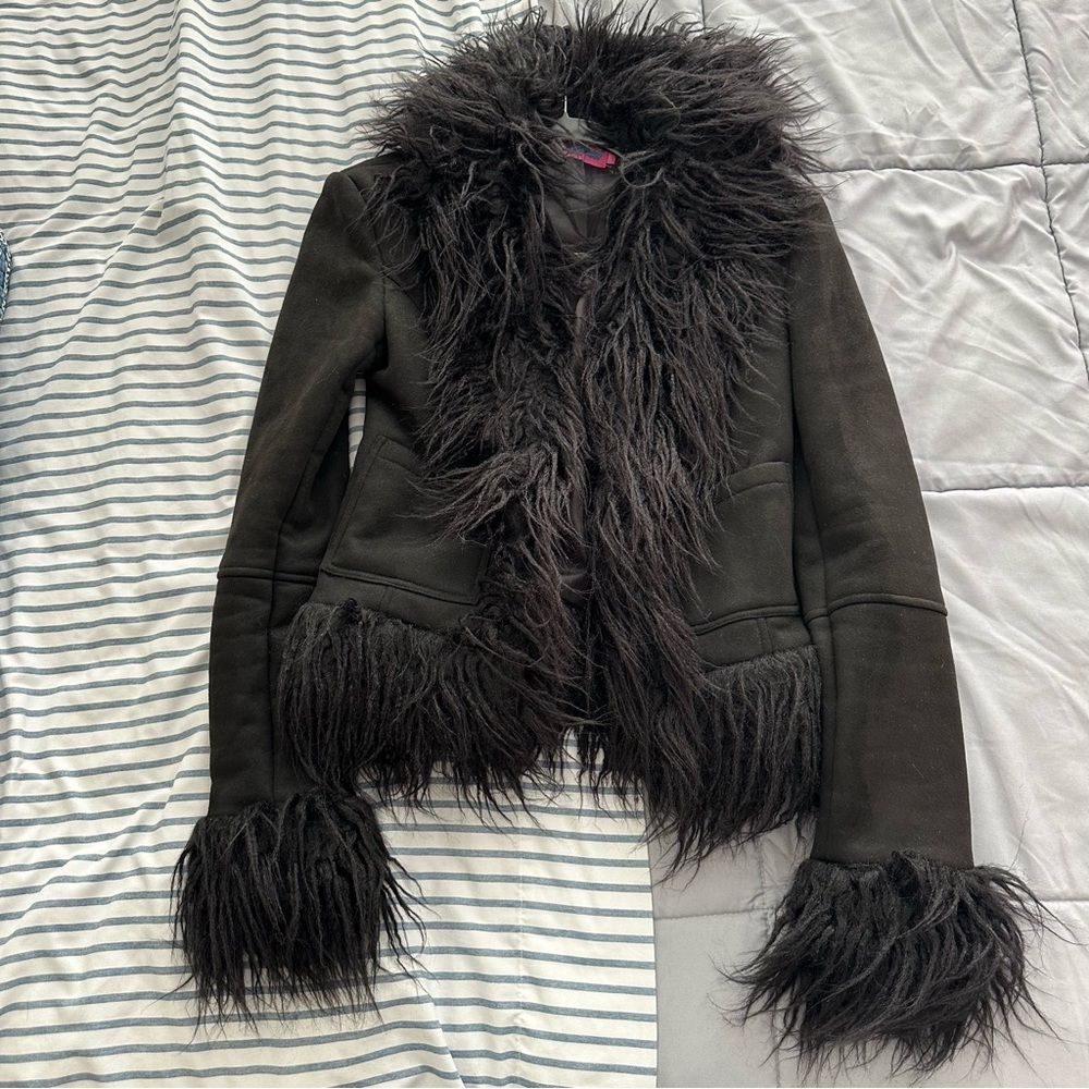 Edikted Y2K Black Cropped Faux Suede Fur Coat Size XS